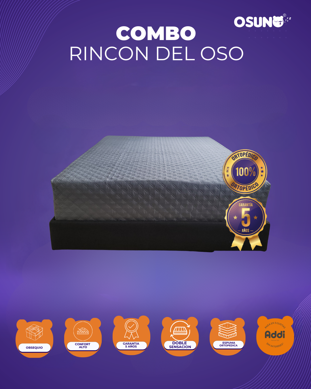 COMBO RINCON DEL OSO OSUNO | BASE CAMA + DOBLE PILLOW ORTOPEDICO