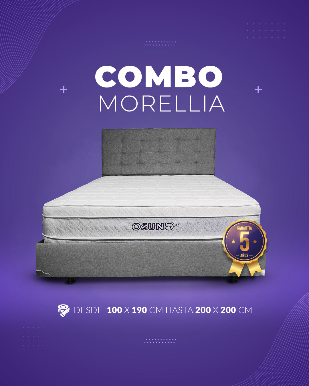 Base Cama + Colchón Ortpédico Cassata Doble Pillow + Espaldar (140x190)
