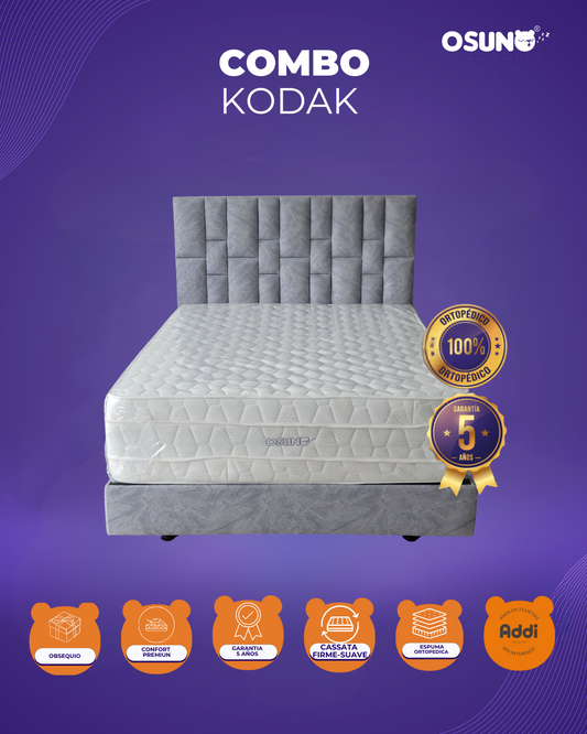 COMBO KODAK | BASE CAMA + ESPALDAR 3D 22 RECTANGULOS + DOBLE PILLOW ORTOPEDICO DE CASSATA + OBSEQUIOS